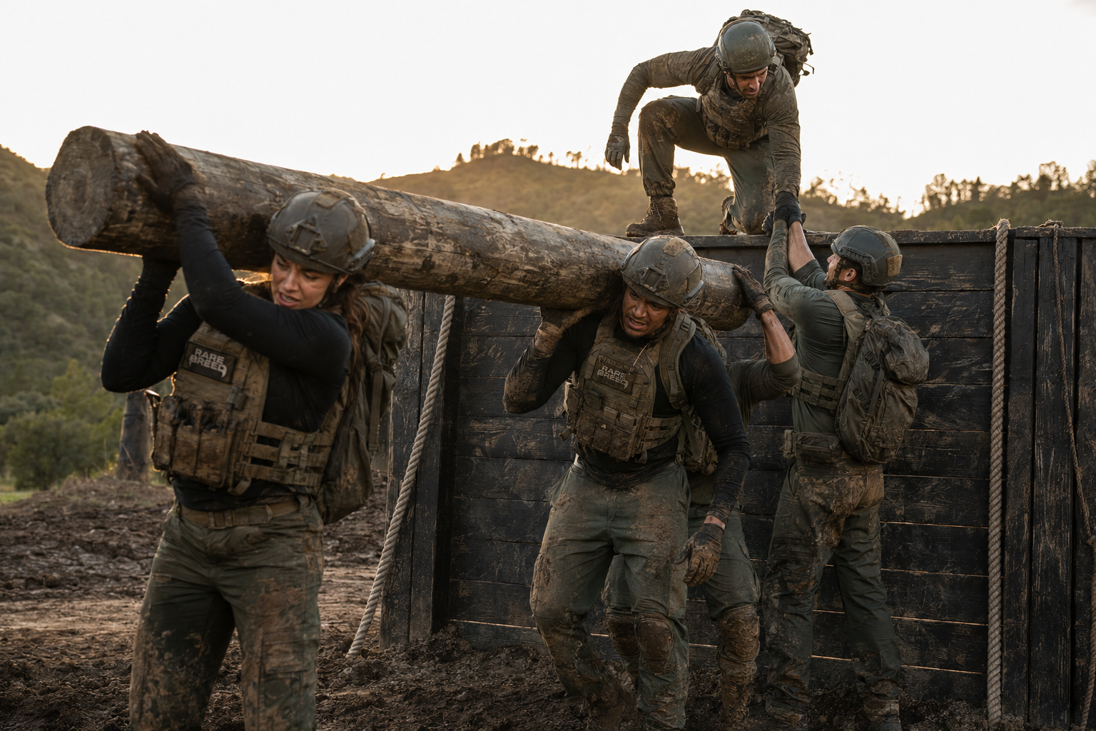 Military fitness team wearing tactical training gear and Rare Breed patches during a muddy obstacle-course exercise