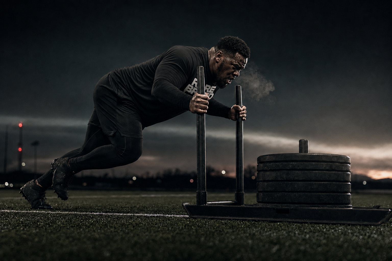 Athlete wearing Rare Breed apparel while driving a weighted sled before sunrise