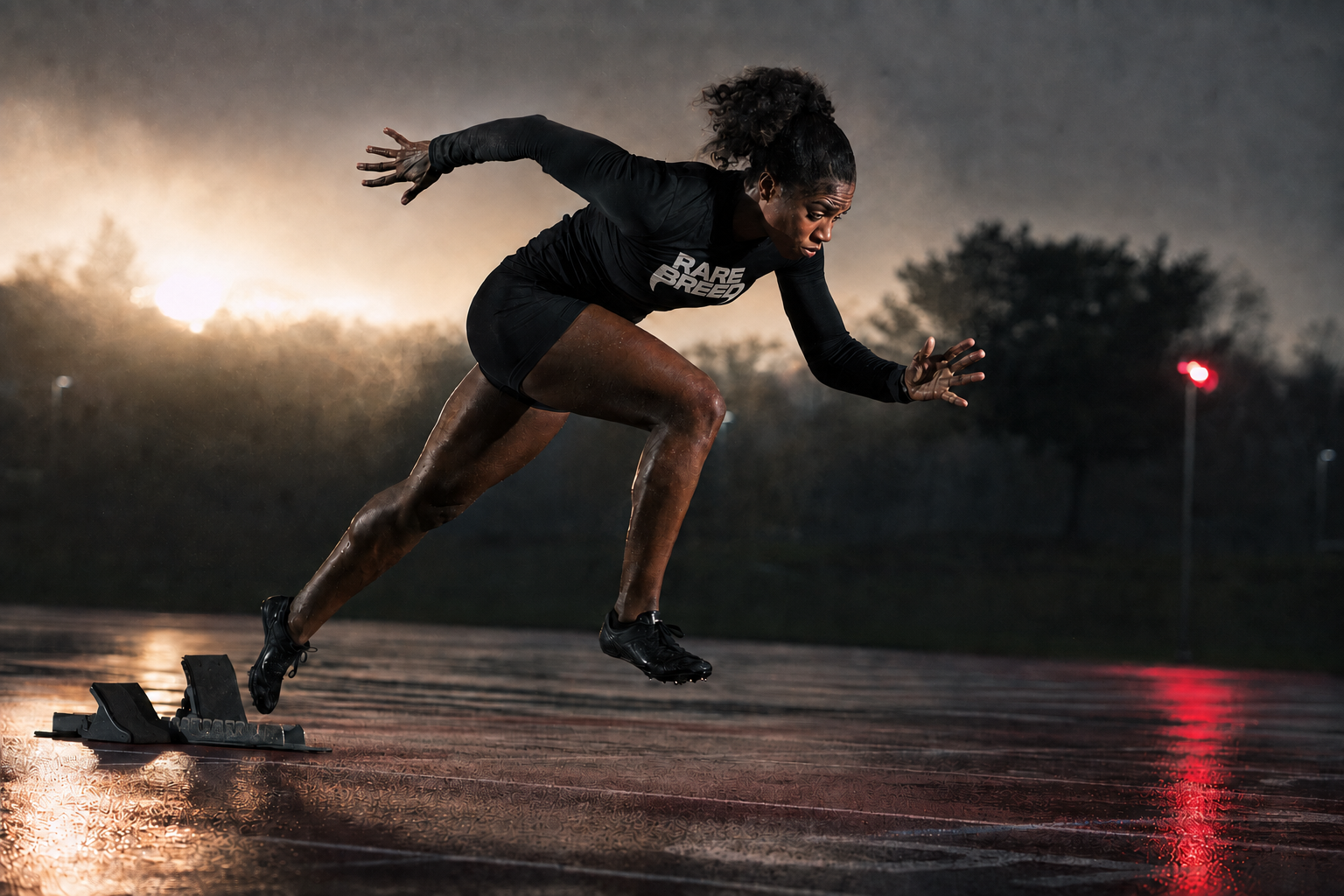 Sprinter wearing Rare Breed apparel while exploding out of the blocks on a wet track