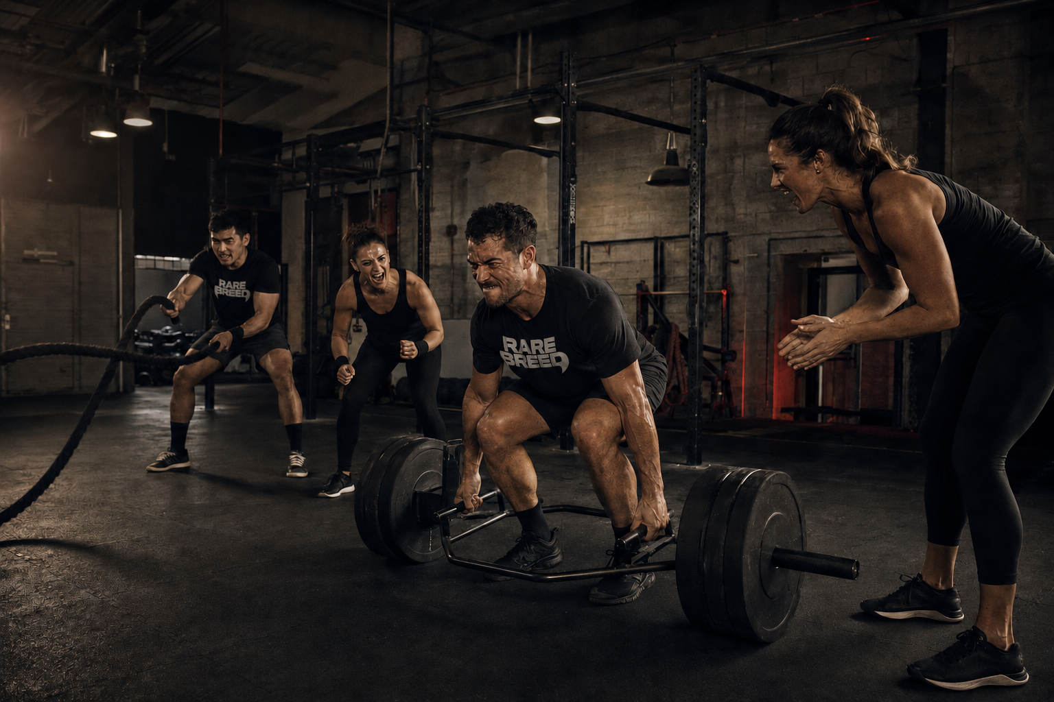 Athletes wearing Rare Breed apparel while pushing each other through a hard gym session