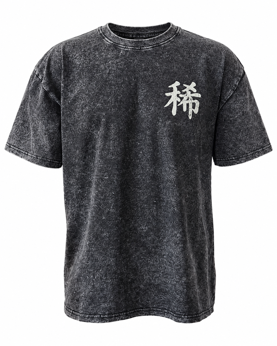 Washed-charcoal CORE 03 tee sample front, isolated on white with the original white chest symbol
