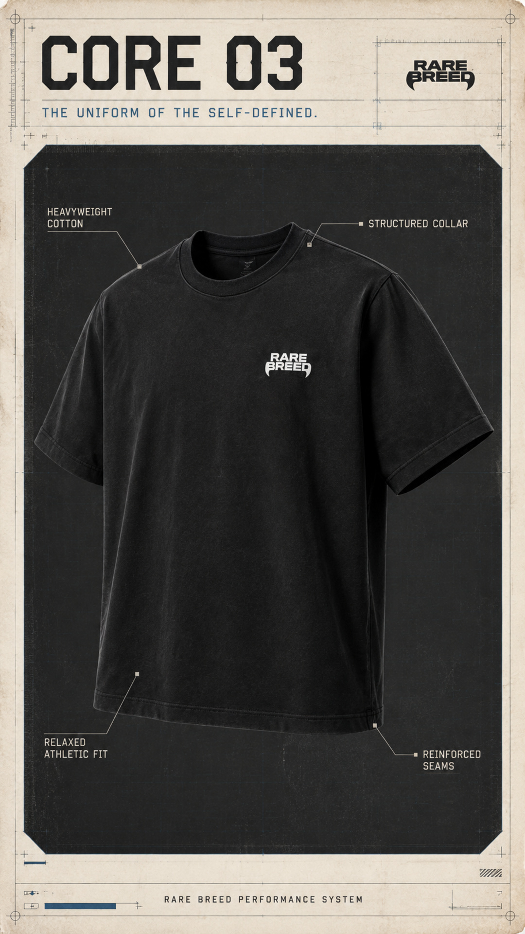 CORE 03 washed black Rare Breed heavyweight tee product specification card